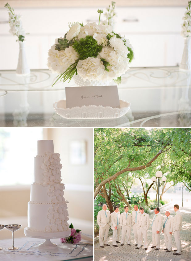 white wedding cake, white flower centerpiece, light tan groomsmen suits, davis_islands_garden_club_green_blue_florida_wedding_justindemutiisphotography_lovell_carney_7