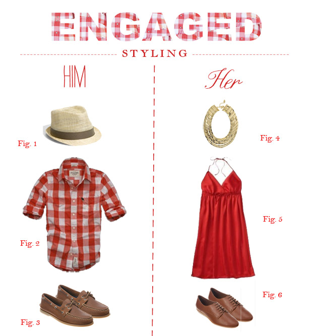 engagement session styling country chic red plaid shirt fedora gold necklace sperry topsiders women's oxfords red summer dress